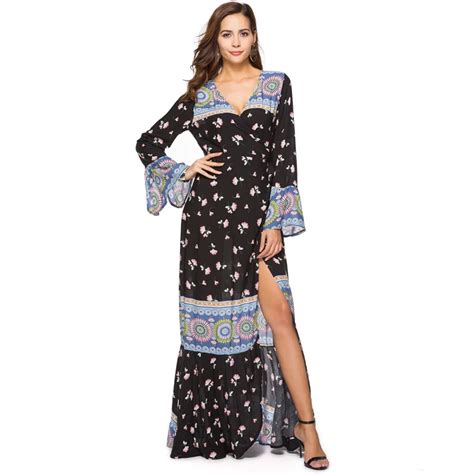 Elegant Maxi Dress Floral Printed Side Split Sexy Long Dresses Women Casual Long Flare Sleeve