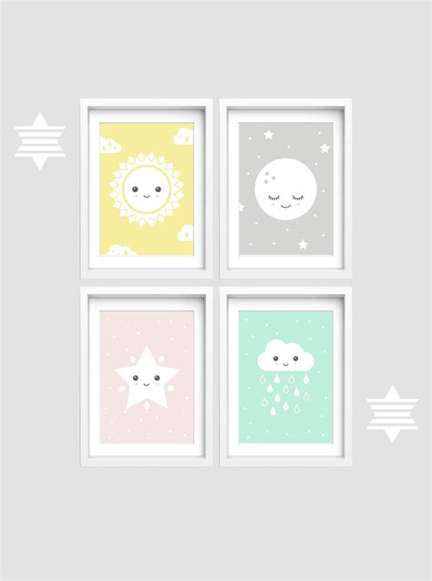 Moon and Star Nursery Print, Set of 4 Nursery Prints, Star Wall Art ...