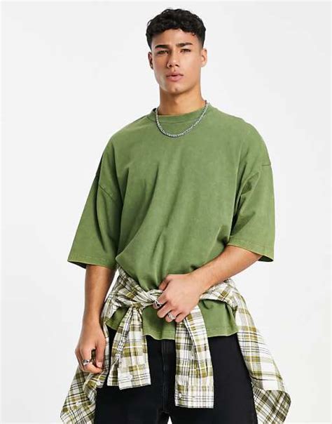 Asos Design Oversized Heavyweight T Shirt In Acid Washed Khaki Asos