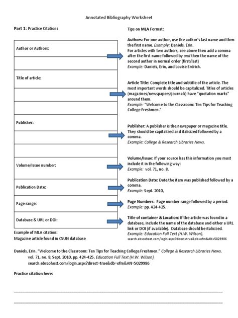 Annotated Bibliography Worksheet Pdf Citation Bibliography