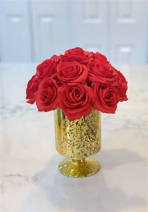 Red Centerpiece Red Flower Arrangement Gold Centerpiece Real Etsy Red Rose Arrangements Red