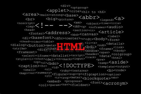 Big Red Title Html In The Middle With Many Different Html Tags Stock