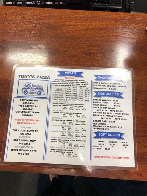 Menu at Tony's Pizza pizzeria, Bakersfield, Ming Ave