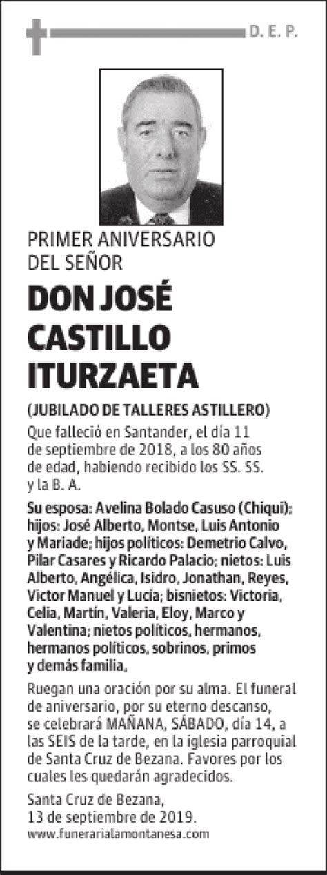 DON JOSÉ CASTILLO ITURZAETA Esquela Necrológica El Diario Montañés