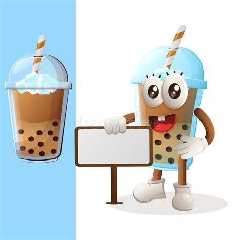 Cute Bubble Tea Mascot Standing Next To A Billboard Stock Illustration