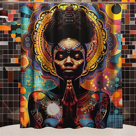 Exquisite African American Woman Praying Shower Curtain Vibrant Colors Intricate Design Modern