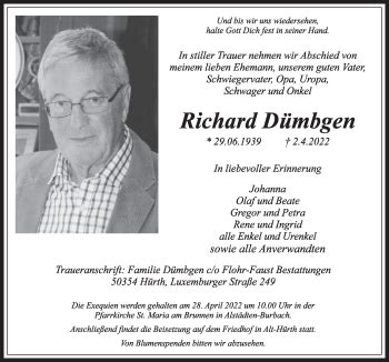 Traueranzeigen Von Richard D Mbgen Wirtrauern