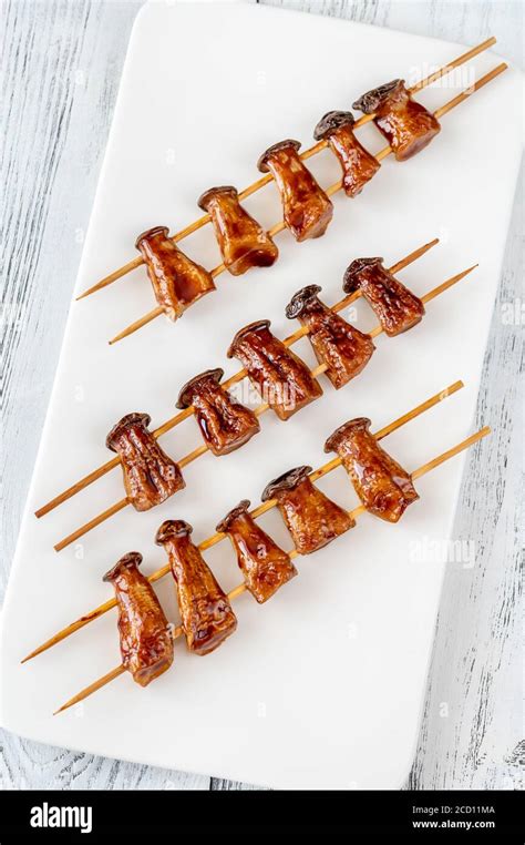 King Oyster Mushroom Skewers Top View Stock Photo Alamy