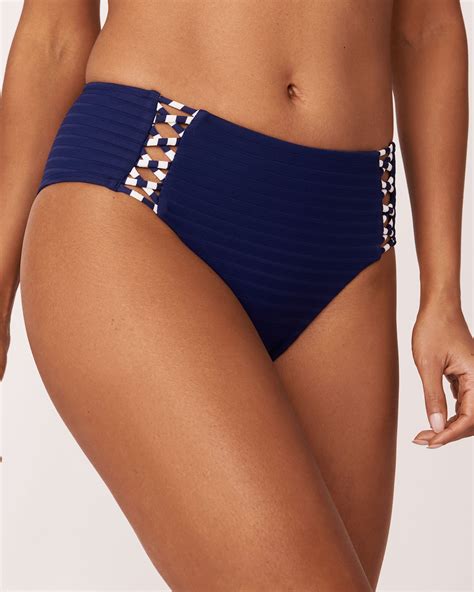 Bas De Bikini Taille Mi Haute En Fibres Recycl Es Navy Stripe Bleu