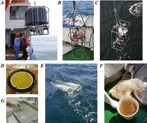 Marine sampling. (a) CTD equipped with a 24 Niskin 10-L bottle rosette ...