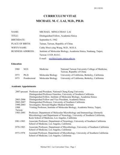 Curriculum Vitae Michael M C Lai M D Ph D