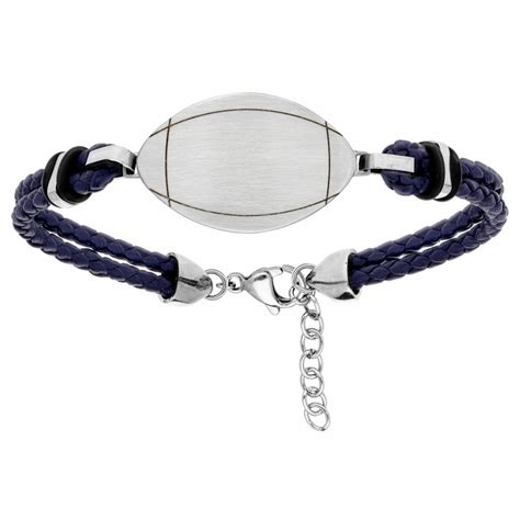 Bracelet ballon de rugby gravure cuir bleu acier réglable