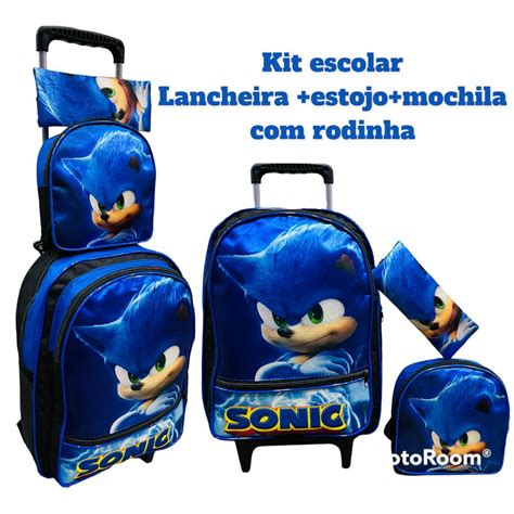 Kit Mochila Infantil Escolar De Rodinhas Do Sonic Estojo Lancheira