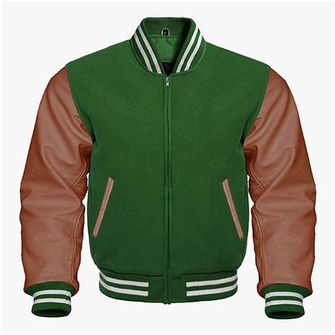 Custom Leather Sleeve Varsity Jackets In Green And Brown Colour Wholesale