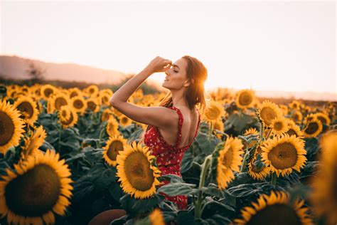 1366x768 Sunflowers Field Dress Women 4k Laptop Hd Hd 4k Wallpapers