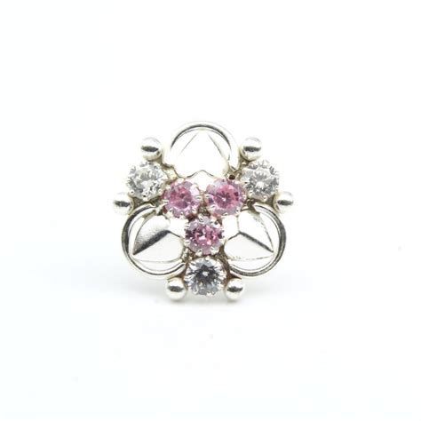 Real Solid Silver Pink White Cz Nose Ring Push Pin Karizma Jewels