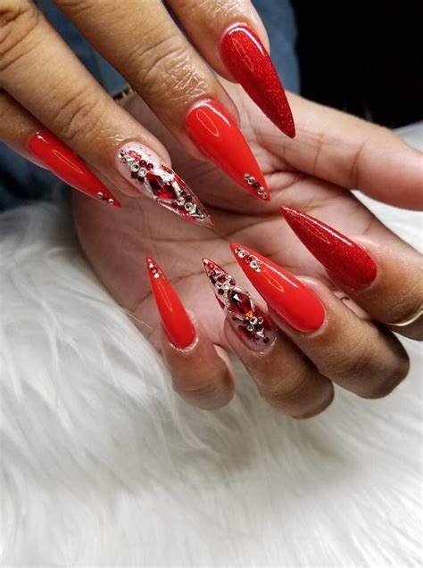 Red And Crystal Bling Long Stiletto Nails Rlacqueristas