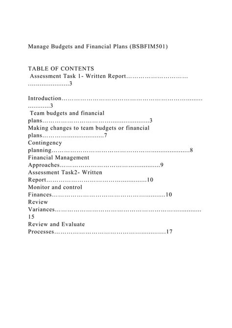 Manage Budgets And Financial Plans BSBFIM501 TABLE OF CONTE Docx