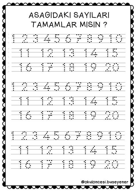 1 Den 20 Ye Nokta Tamamlama Sayılar 2 Okuloncesi Buseyener Matematik çalışma Sayfası Alfabe