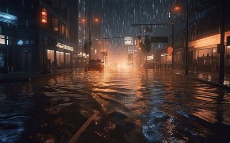 Heavy Rain on a City Street at Night. Rainy Weather Stock Illustration ...