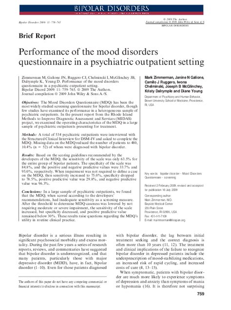 Pdf Performance Of The Mood Disorders Questionnaire In A Psychiatric