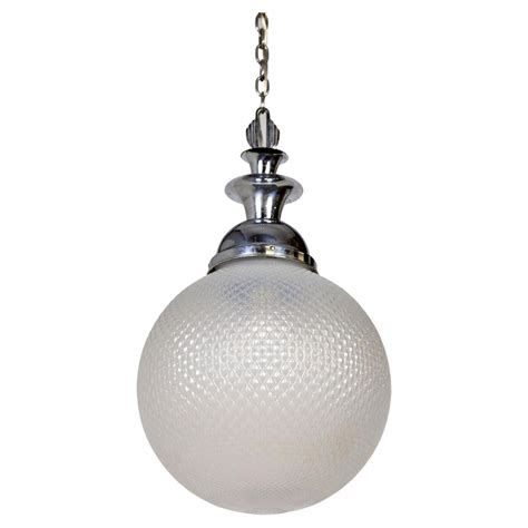 Large French Art Deco Globe Frosted Glass Hanging Pendant Light At