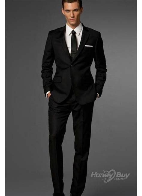 Wool Side Vented Notch Lapel Black Suits For Men Custom made business ...