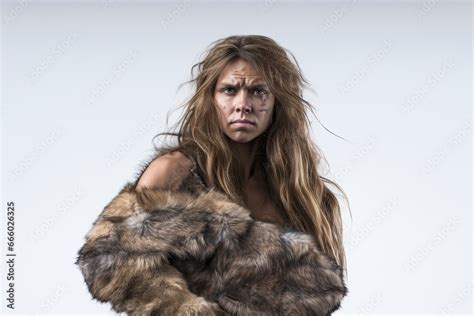 Photo Of A Neanderthals Woman Donning A Luxurious Fur Coat With Flowing Locks Created With