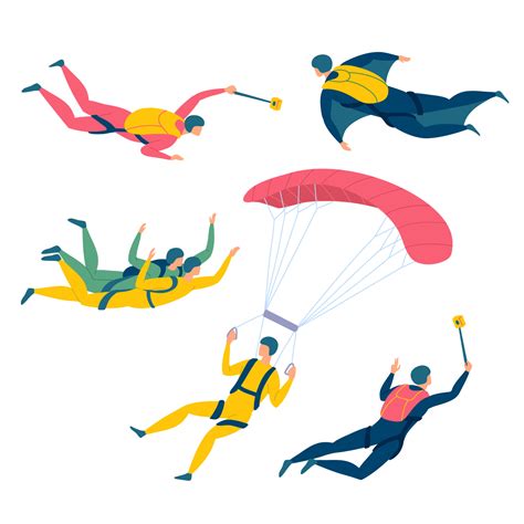 Cartoon Color Characters People Skydiving with Parachute Set. Vector ...