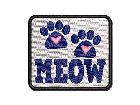 Meow Kitty Cat Paw Prints With Hearts Multi Color Embroidered Iron On Or Hook And Loop Patch