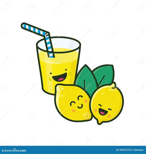 Kawaii Cute Lemons And Lemonade Isolated Vector Illustration Stock