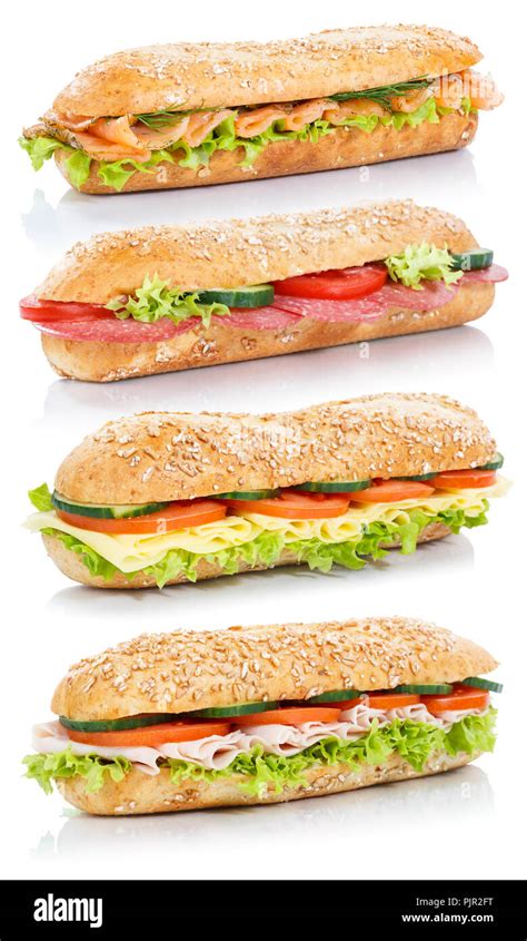 Baguette Sub Sandwiches With Salami Ham Cheese Salmon Fish Stacked