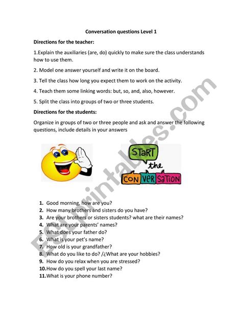 Conversation Questions Beginner Level Esl Worksheet By Superteacher0712