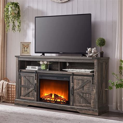 OKD Farmhouse 60 TV Stand With Electric Fireplace Fits TVs Up To 65