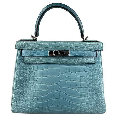 Hermes Kelly 28 Matte Crocodile Bleu palladium hardware bag For Sale at