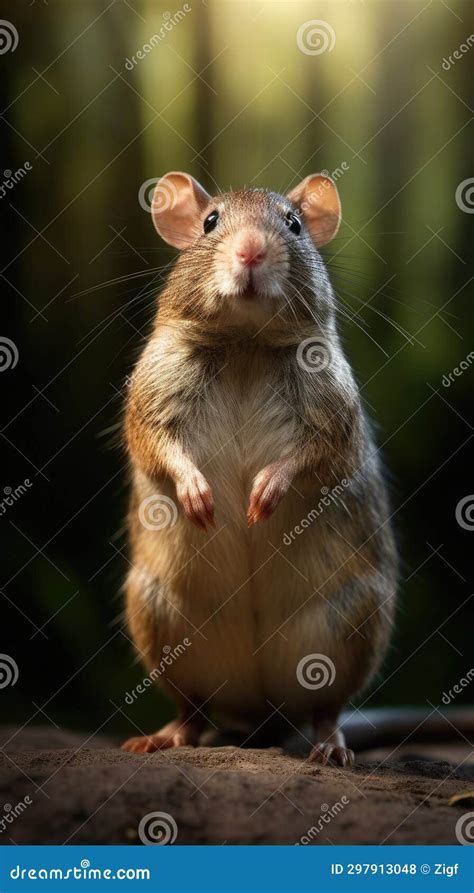 Large Brown Mouse Is Standing On Rock In Forest The Mouse Has Its Eyes