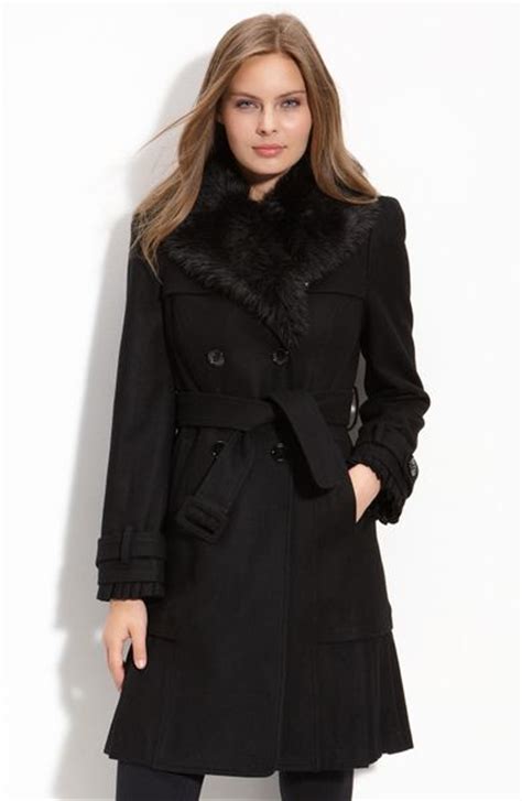 Bebe Double Breasted Coat With Detachable Faux Fur In Black Lyst