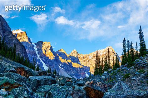 Morning Sun Lights Up The Valley Of Ten Peaks In Banff National Park