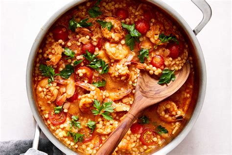 One Pan Shrimp And Pearl Couscous With Harissa Recipe