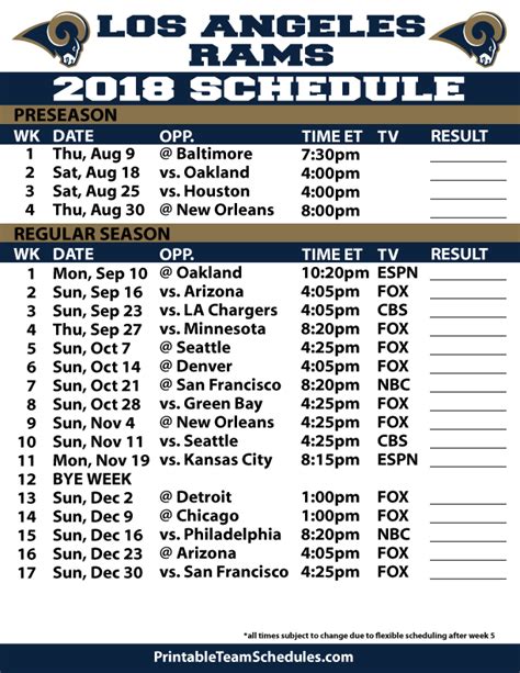 Rams Printable Schedule