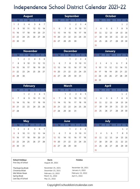 Independence School District Calendar Holidays 2021-2022