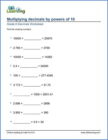 Grade 6 Math Worksheet Decimals Multiplying Decimals By 10 To