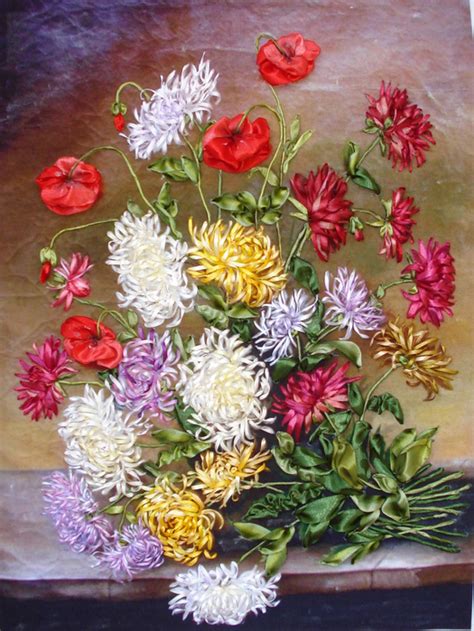 Любительница вышивать лентами: Хризантемы и маки. Моя вышивка лентами.