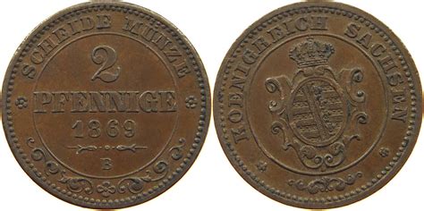 SACHSEN ALBERTINISCHE LINIE 2 PFENNIG 1869 B Johann 1854 1873 SS MA