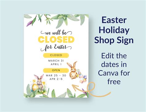 Customizable Holiday Closed Sign Printable Shop Open Hours Easter ...