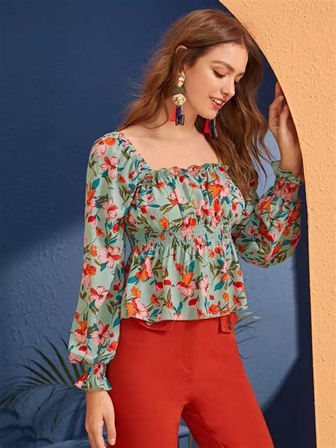 SHEIN Frilled Trim Floral Print Peplum Top Printed Peplum Top