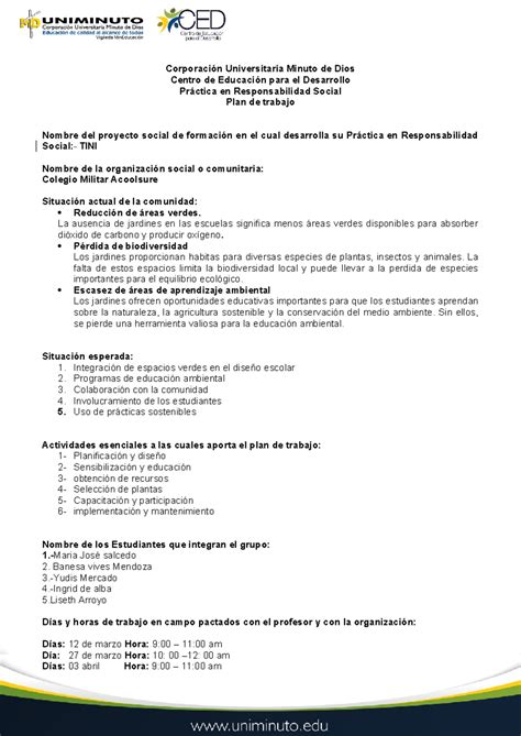 Plan de trabajo practica social Corporación Universitaria Minuto de