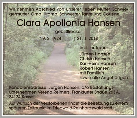 Traueranzeigen Von Clara Apollonia Hansen Trauer Hna De