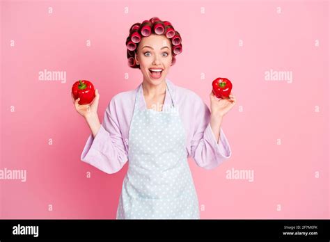 Photo Of Cute Funny House Wife Wear Dotted Blue Apron Red Rollers