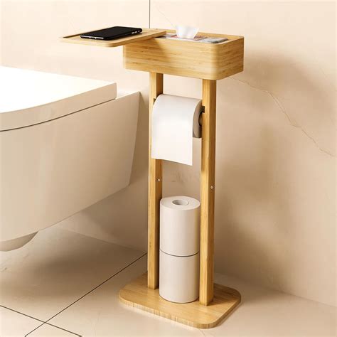 Wealone 4 In 1 Toilet Paper Holder Stand With Storage Shelf Box Bamboo